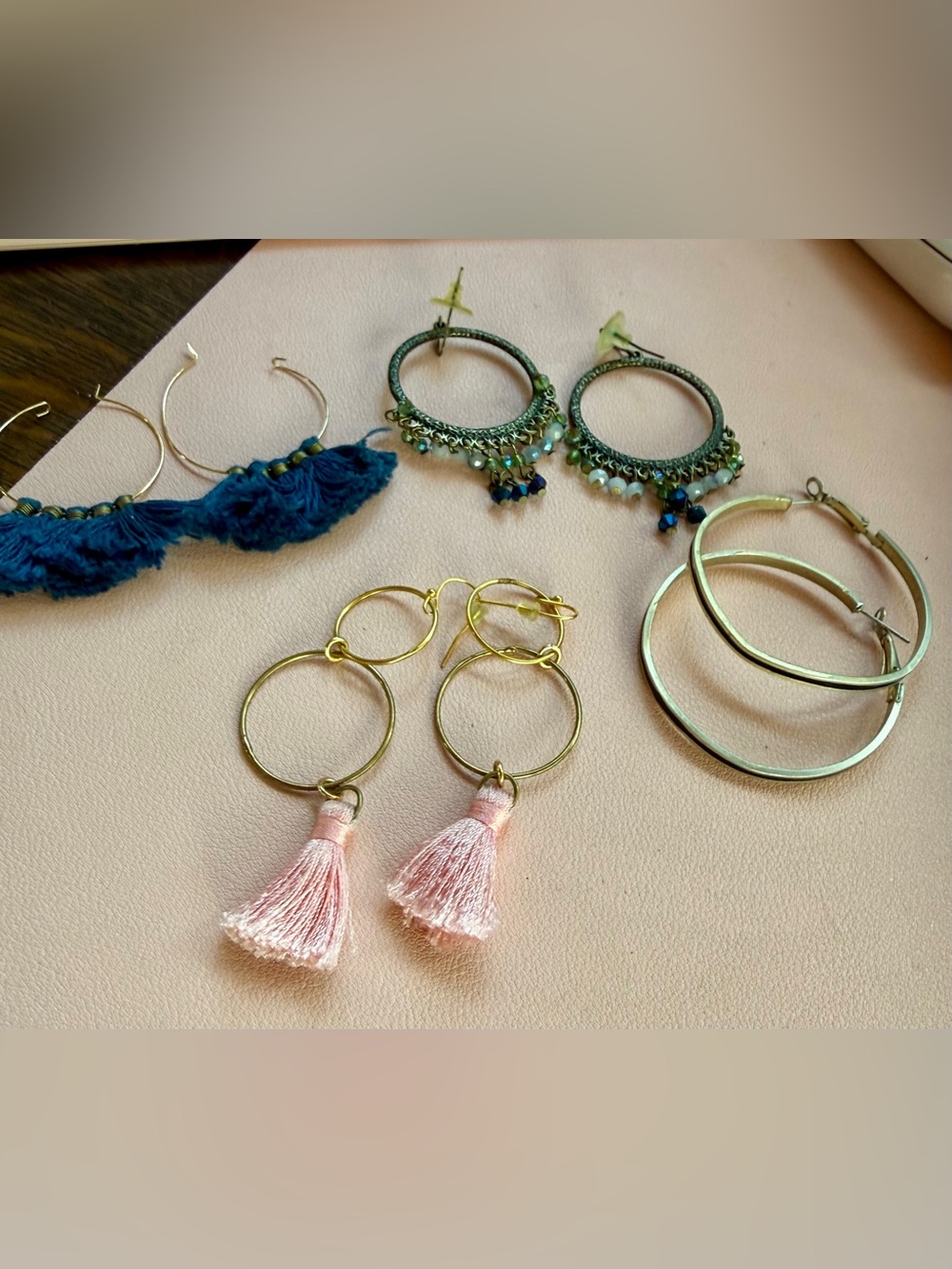 Boho Tassel Hoop Earrings Bundle Pink Blue Beaded Festival Jewelry Lot